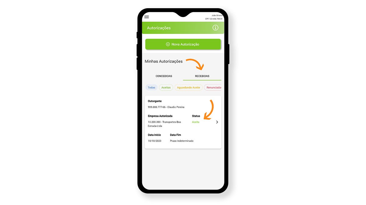 Autorizações - Aba Recebidas - Autorização Aceita